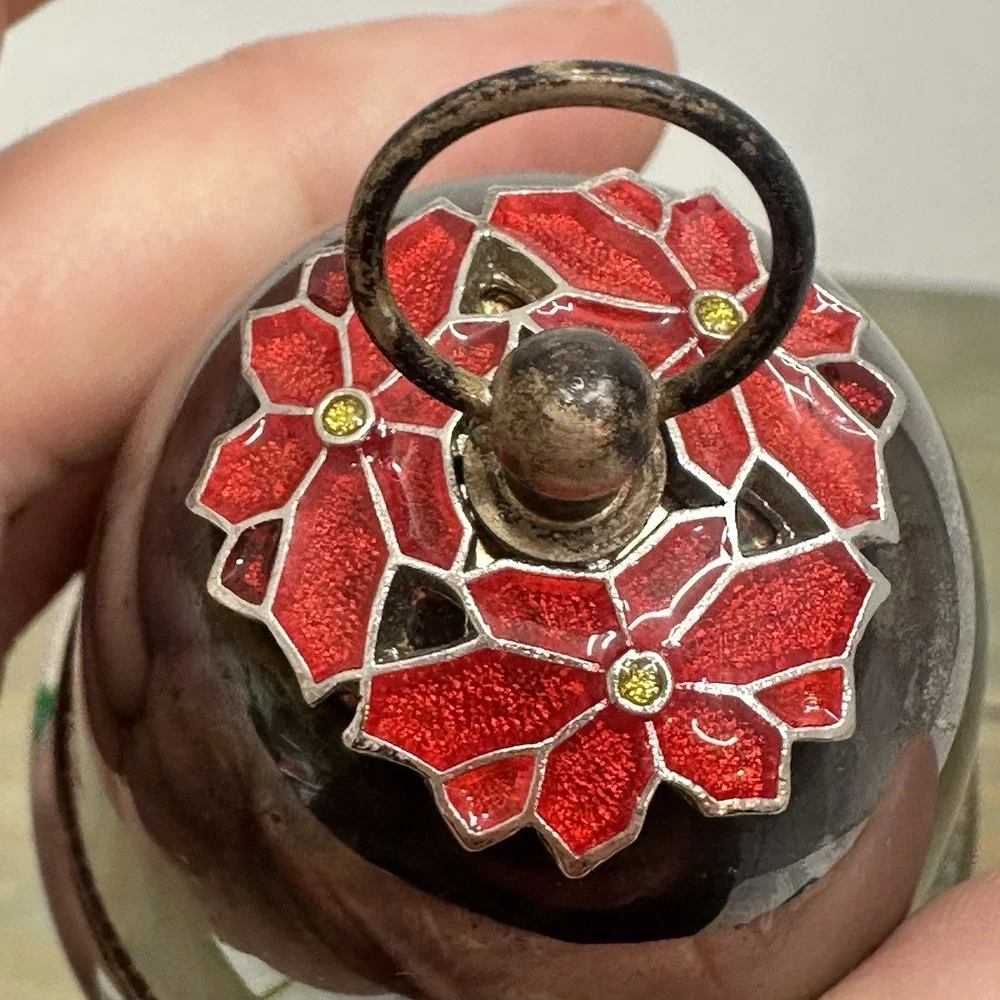 Vintage Wallace Silver‎ Plated Christmas Bell Ornament Enamel Poinsettias 1973